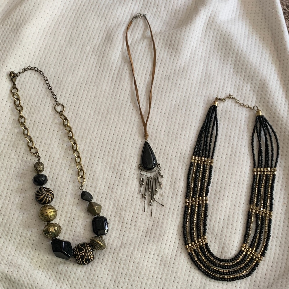 Boho Black and Gold Beaded Necklace Trio